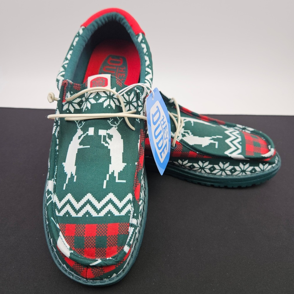 Hey Dude‎ Wally Holiday Cheers Green Plaid Reindeer Christmas Shoes Mens Sz 11